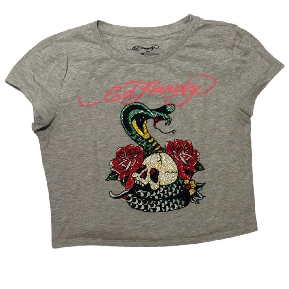 Ed Hardy Rhinestone Skull Snake Roses Y2K Tee Size M